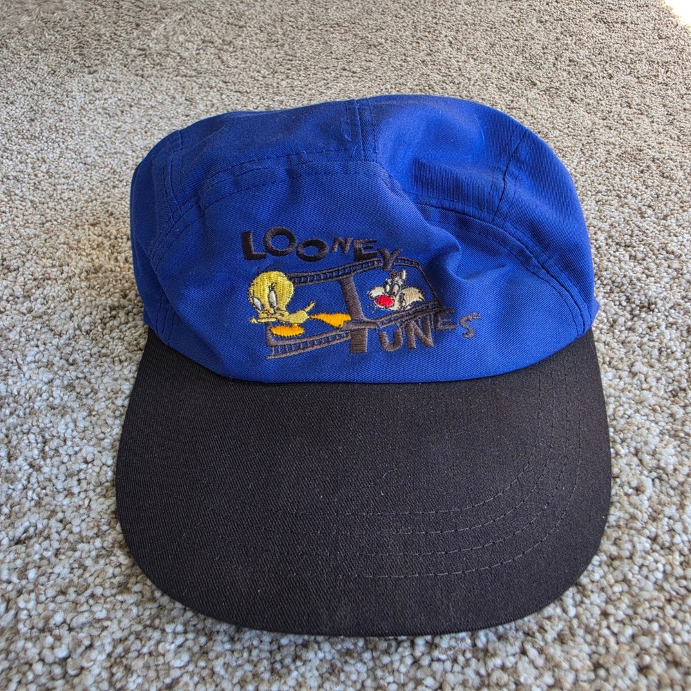 VINTAGE Looney Tunes Hat Mens OSFA Blue Black Embroidered 90s Snapback Cap